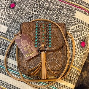 Sam & Hadley brown and tan  vegan leather with tooling.